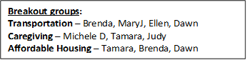 Breakout groups:
Transportation � Brenda, MaryJ, Ellen, Dawn
Caregiving � Michele D, Tamara, Judy
Affordable Housing � Tamara, Brenda, Dawn
